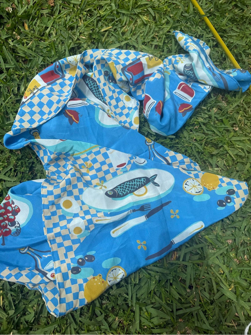 Blue Novelty Fish & Breakfast Print Scarf